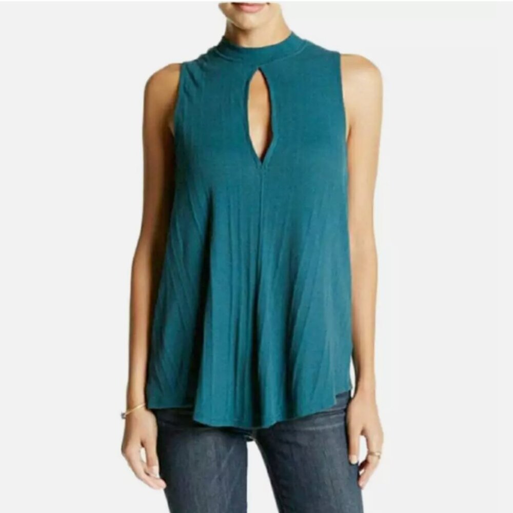 Free People Faye Dark Green Keyhole Cut Out Rib Knit High Neck Tank Top